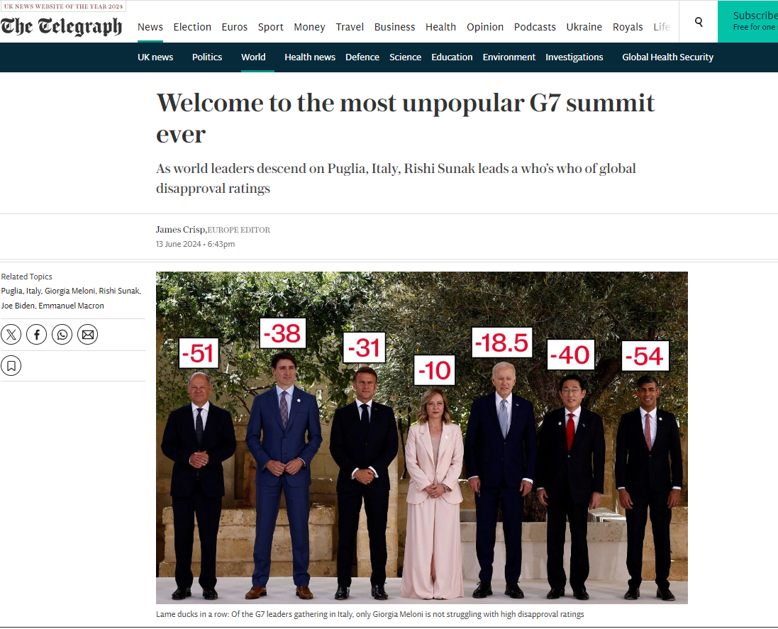 G7 unpopularity contest - Telegraph story 13 June 2024
